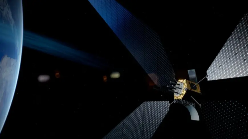 Illustration of a European Space Agency (ESA) satellite with solar modules for the collection of solar energy.