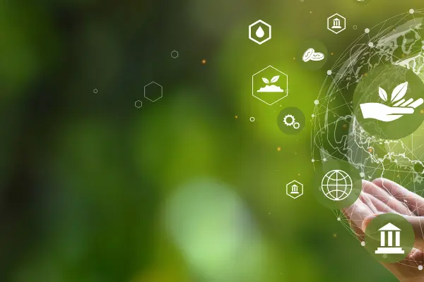 Hands holding a globe with ESG symbols representing environmental, social and governance responsibility on a green background Hands holding a globe with ESG symbols representing environmental, social and governance responsibility on a green background