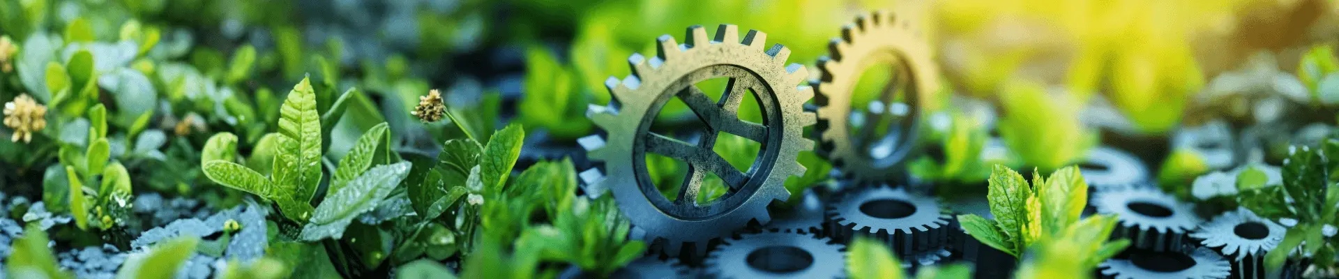 Gears representing the product life cycle placed on a green meadow with plants, symbolizing a sustainable carbon footprint