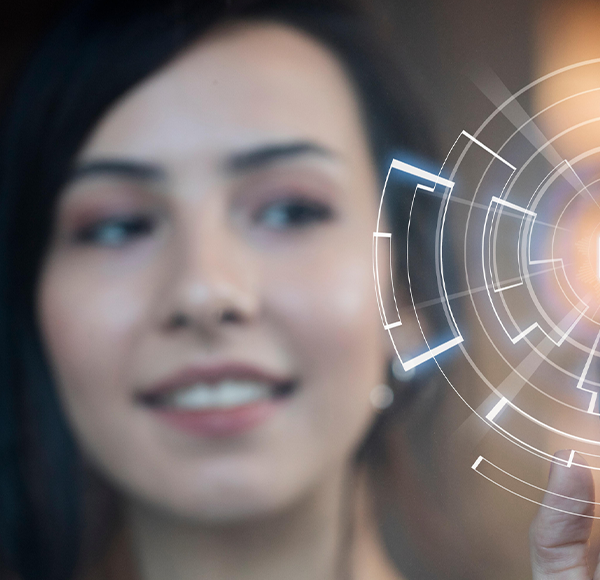 woman pointing at a digital locker symbol for cybersecurity