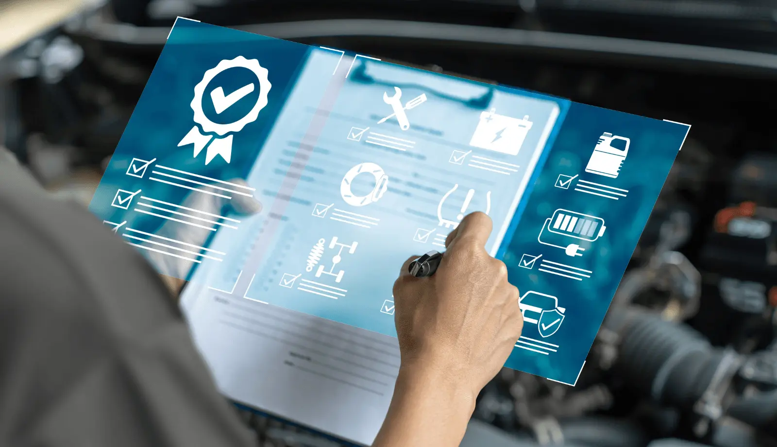 A person stands in front of an engine while holding a clipboard. Above the clipboard, a blue floating digital screen displays a checklist.