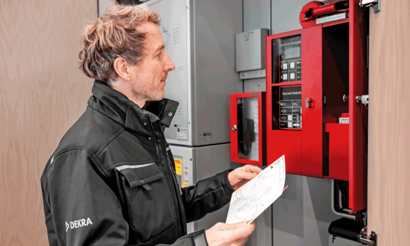 DEKRA fire expert inspecting a fire alarm control panel ensuring safety and compliance.