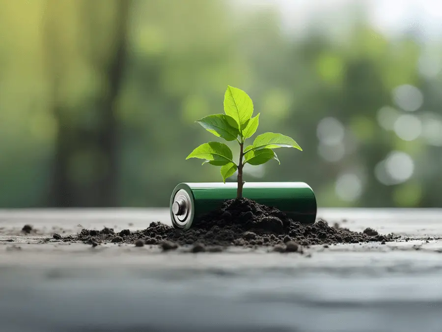 green battery behind a green growing leaf