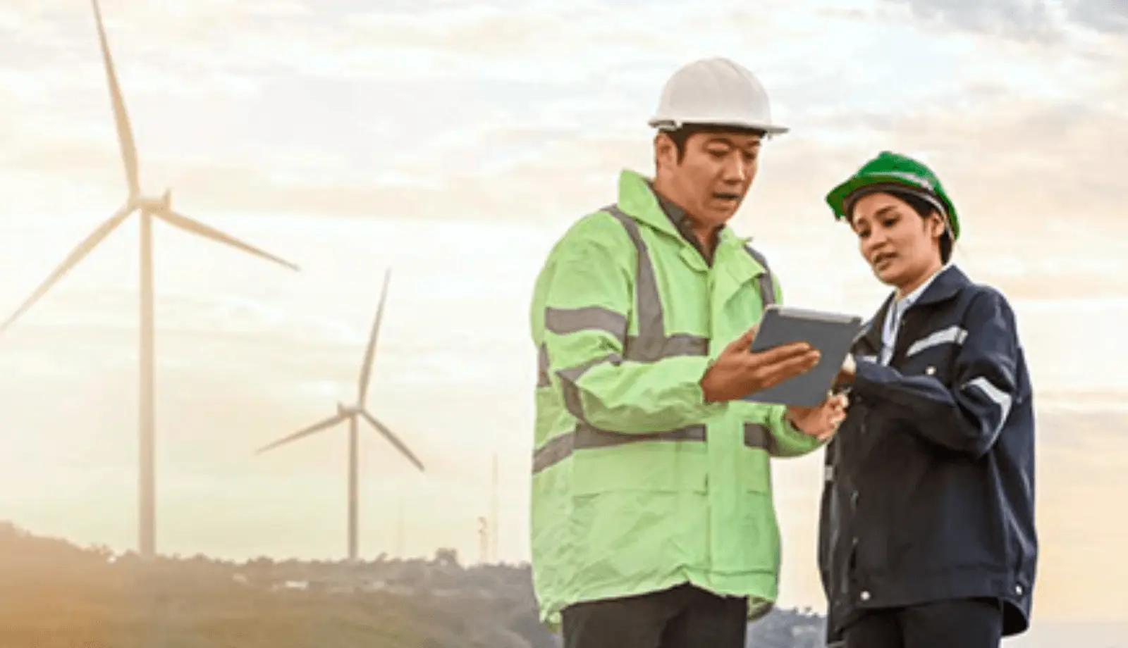 Two DEKRA employees wearing high-visibility safety vests stand together and review information on an iPad. Wind turbines are visible in the background. Two DEKRA employees wearing high-visibility safety vests stand together and review information on an iPad. Wind turbines are visible in the background.