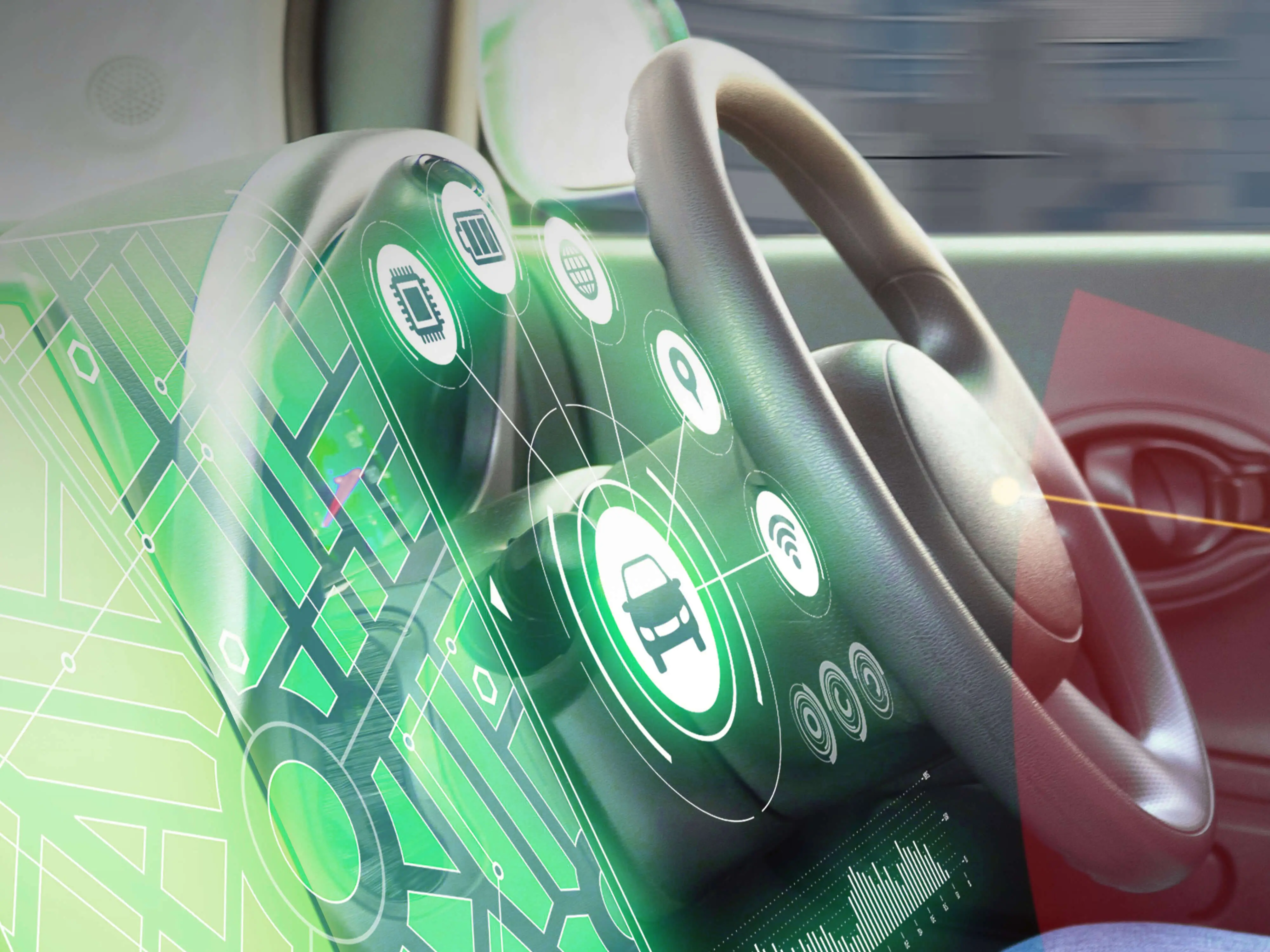 Fahrzeugcockpit mit grafischen Symbolen für die Assistenzsysteme