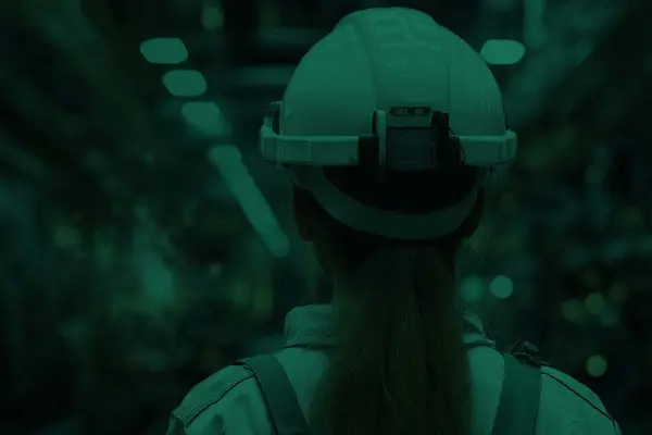 Frau mit Schutzhelm in einer Industriehalle Frau mit Schutzhelm in einer Industriehalle