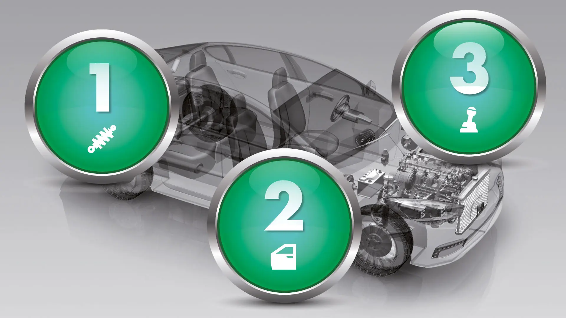 Fahrzeuggrafik mit den Elementen Stoßdämpfer, Türen und Gangschaltung