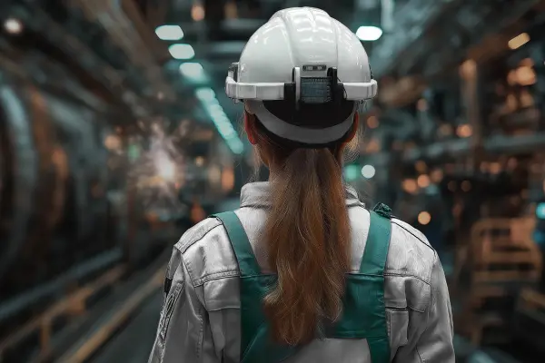 DEKRA | Arbeitssicherheitsreport 2025 Frau mit Schutzhelm in einer Industriehalle