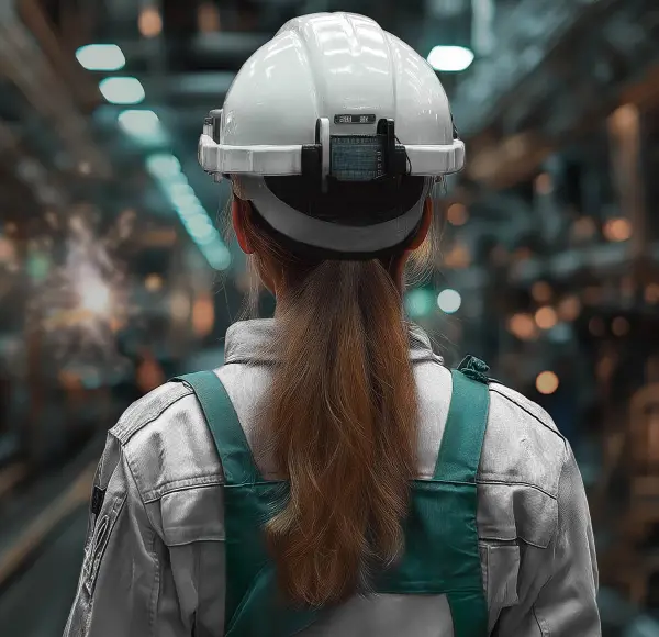 Frau mit Schutzhelm in Industriehalle