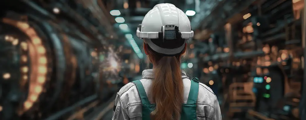 Frau mit Schutzhelm in einer Industriehalle // Coverbild des Arbeitssicherheitsreports 2025