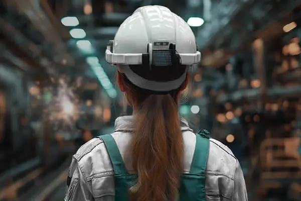 Frau mit Schutzhelm in einer Industriehalle Frau mit Schutzhelm in einer Industriehalle