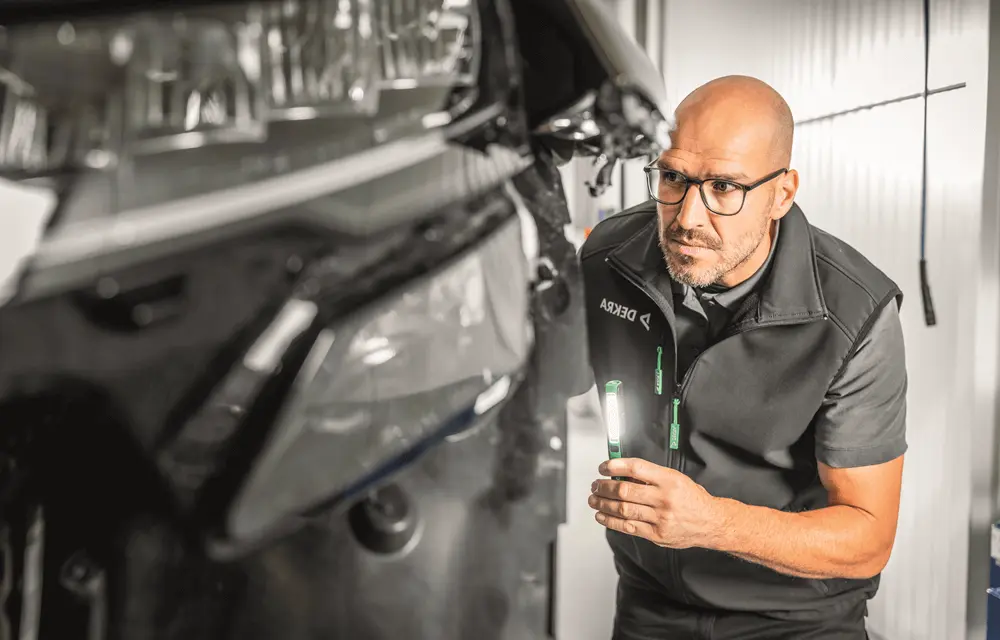 DEKRA Mitarbeiter begutachtet Schaden am Fahrzeug