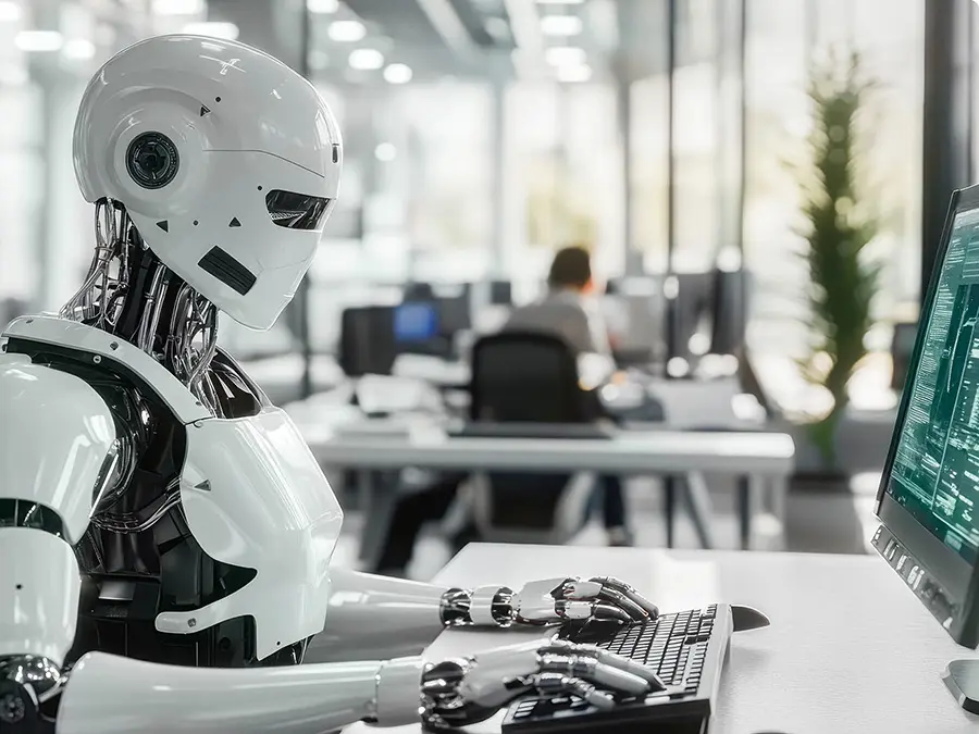 Roboter sitzt am Schreibtisch und arbeitet