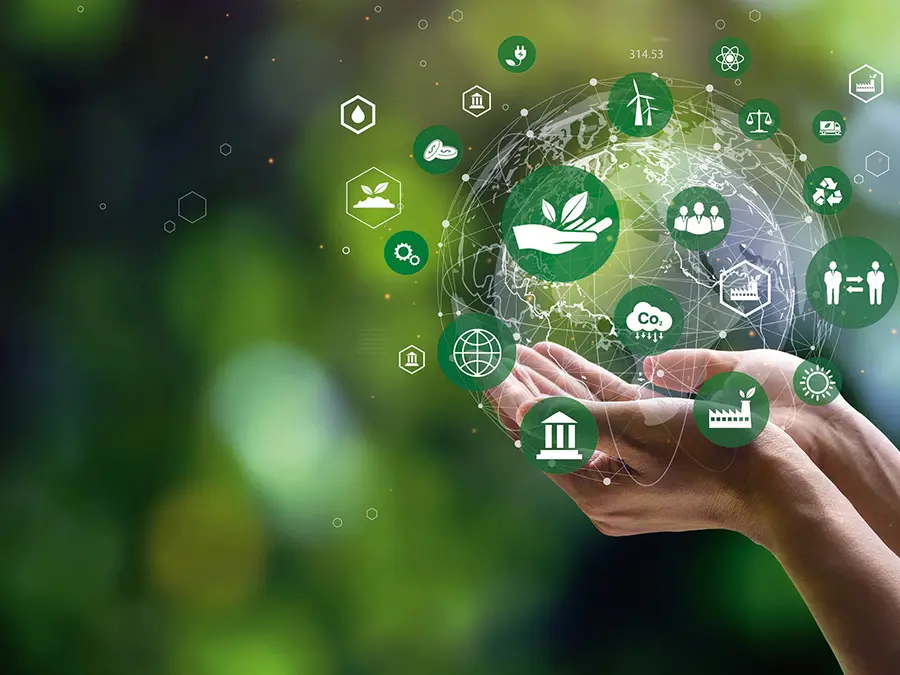 Sinnbild Hände mit Nachhaltigkeit-Icons