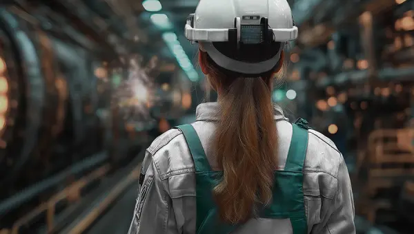 Frau mit Schutzhelm in Industriehalle Frau mit Schutzhelm in Industriehalle