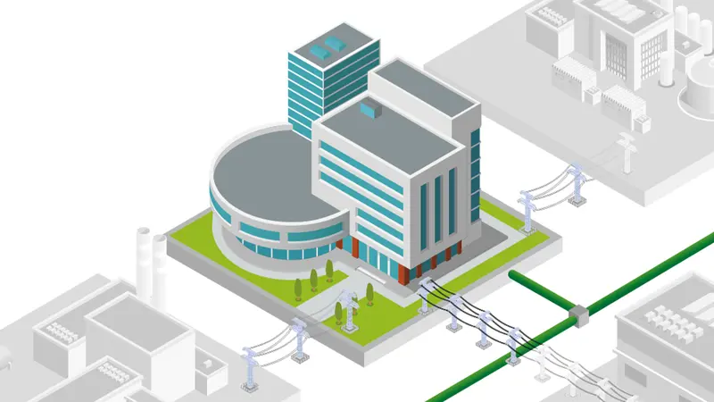 Bürogebäude mit angrenzender Energieinfrastruktur