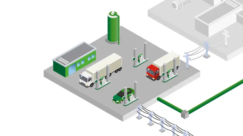 Wasserstofftankstelle mit LKWs und Autos beim Betanken