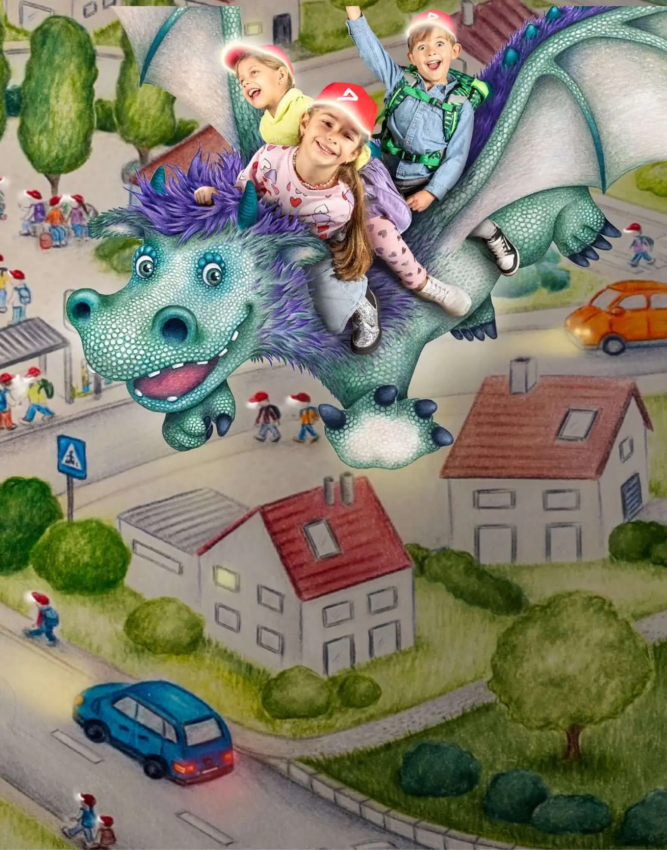 Drei Kinder mit DEKRA Kinderkappen auf einem Drachen