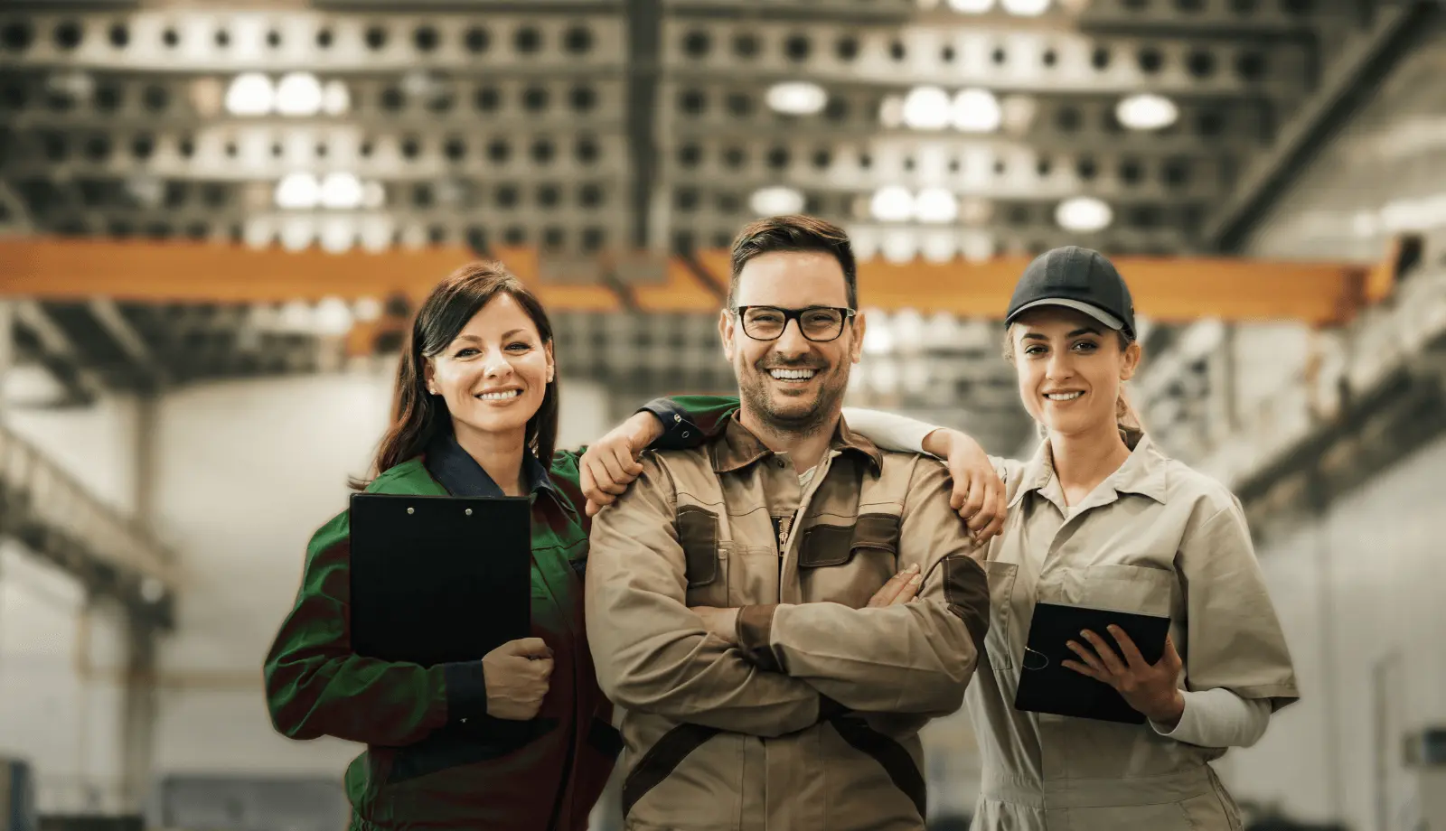 three workers smiling into the camera three workers smiling into the camera
