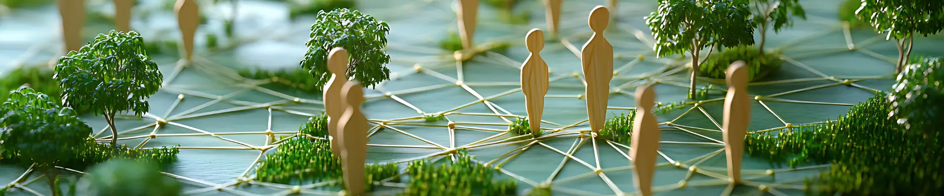 A map with wooden figures and trees