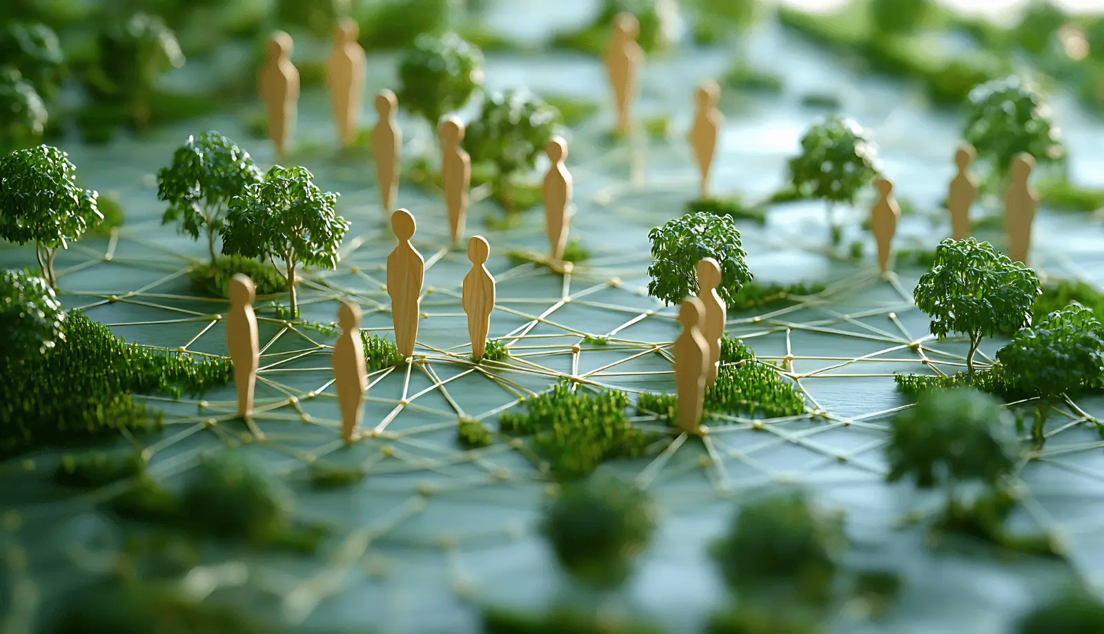 A map with wooden figures and trees on it A map with wooden figures and trees on it