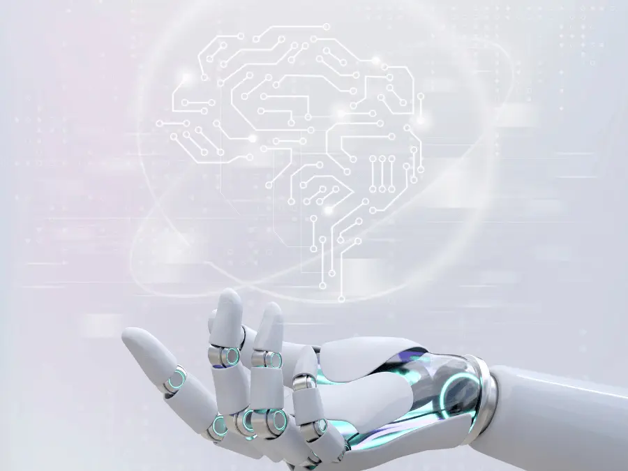 Robotic Hand Reaching out a Digital Brain Circuit, Representing DEKRA Artificial Intelligence Services for Medical Devics and Innovation in Healthcare Technology.