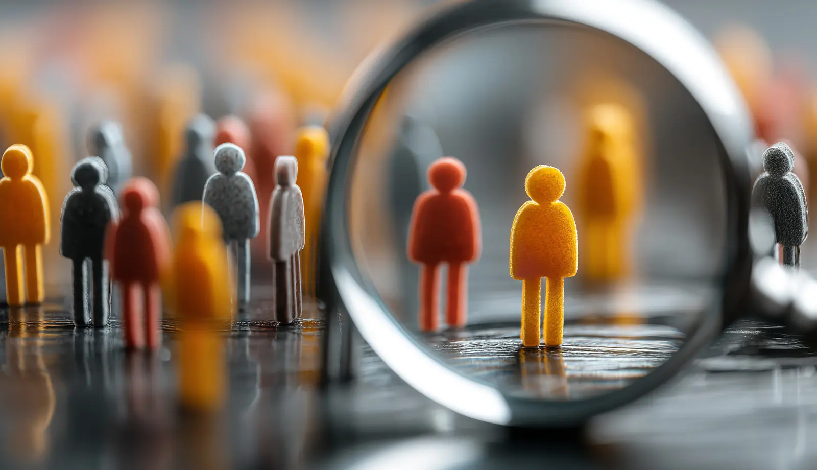 A magnifying glass focusing on a diverse group of colorful human figures. A magnifying glass focusing on a diverse group of colorful human figures.