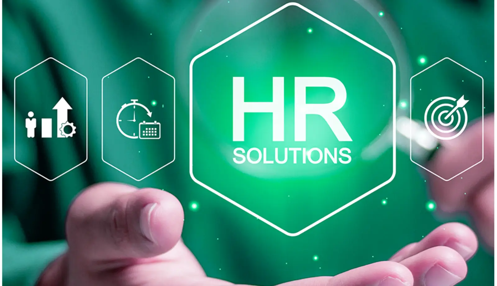 HR-related icons surrounding the text 'HR Solutions,' which is floating above an open hand.