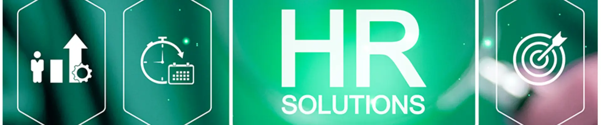 HR-related icons surrounding the text 'HR Solutions,' which is floating above an open hand.