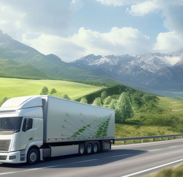 Truck driving on a road wtih wind turbines in the background