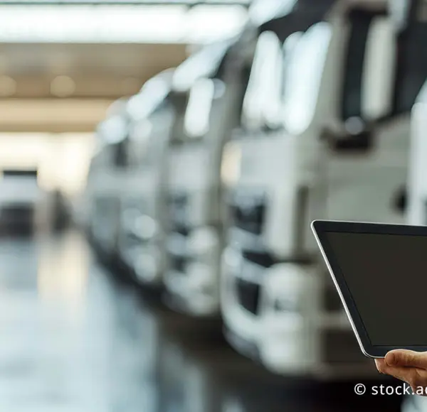 Man with a Laptop in his hands and trucks in the background