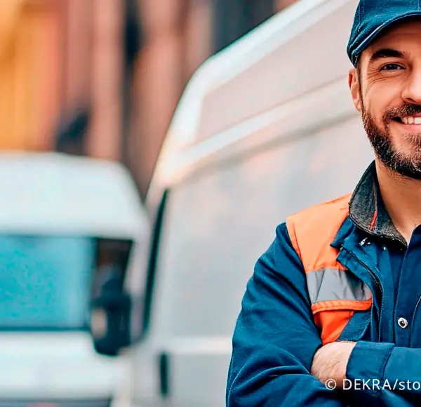 Man standing in front of a delivery van wearing a safety vest, packages can be seen in the background