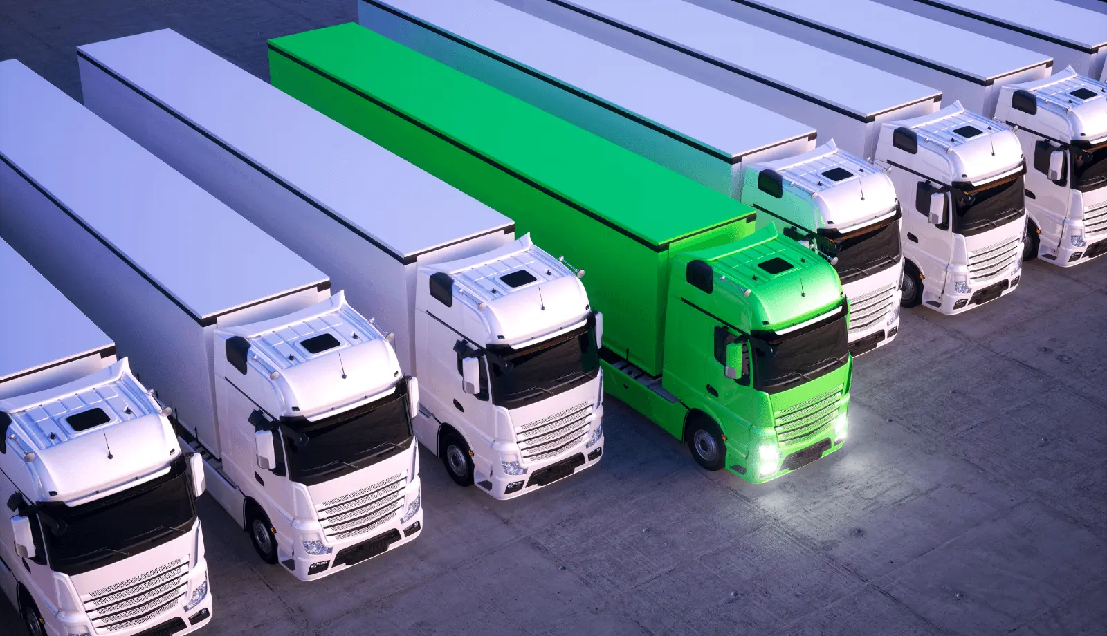 Several trucks lined up next to each other, with one green truck standing out among otherwise white trucks