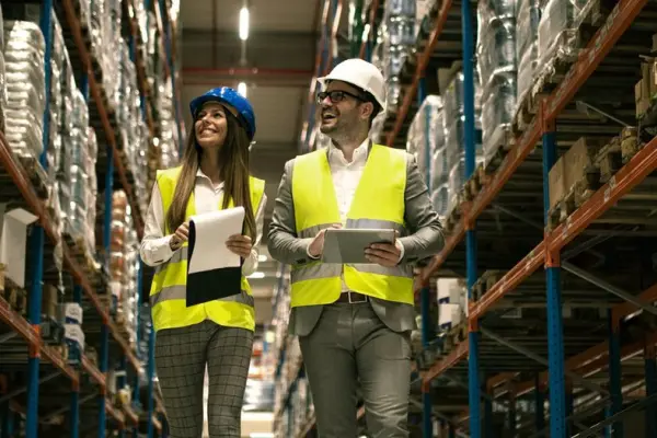 Two warehouse employees walking in a warehouse