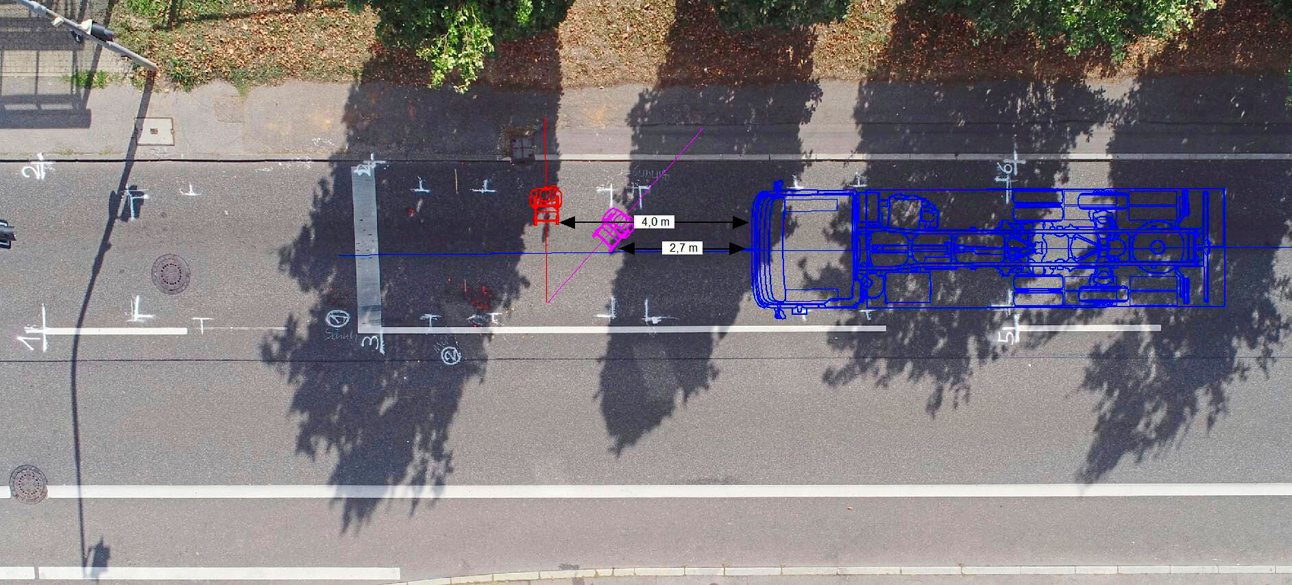 Potential positions of the pedestrian and routes taken as the truck set off