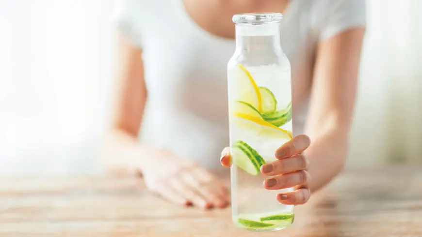 Frau mit weißem T-Shirt und einer Flasche Wasser