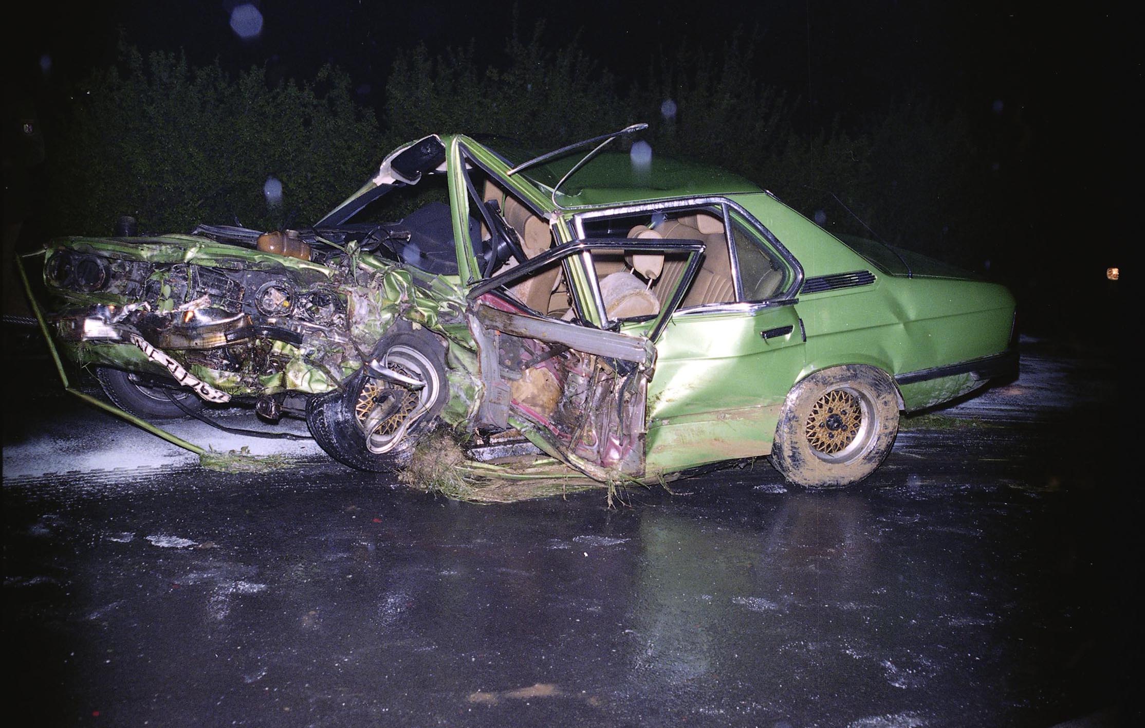 Accident example - The almost completely compressed passenger cell of the BMW in the driver’s position, mounted and penetrated steering column