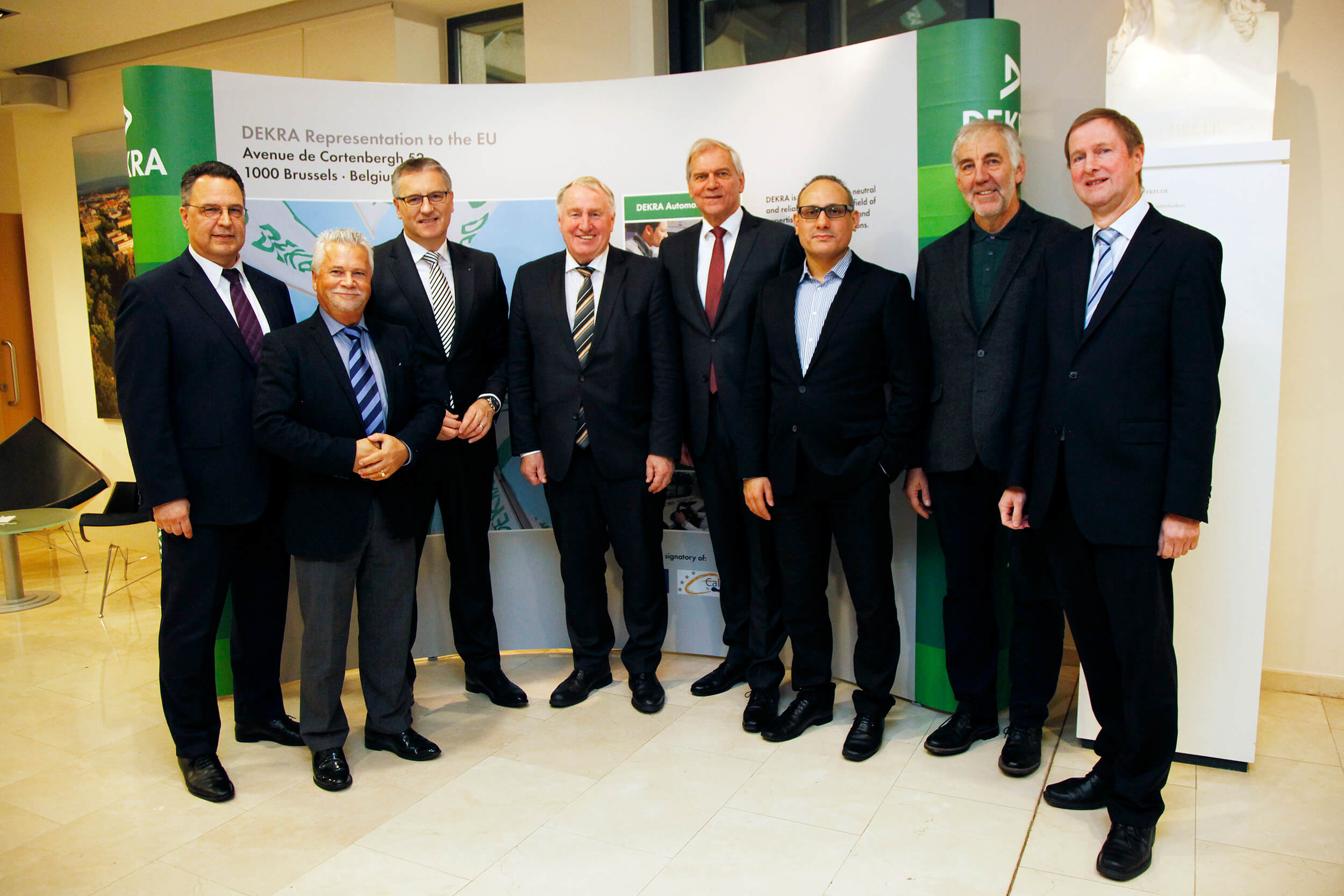 DEKRA Annual Reception for the presentation of the DEKRA Road Safety Report 2017 in Brussels: (from left to right): Oliver Deiters, Head of the DEKRA Group representative office in Brussels; Dr. Dieter-Lebrecht Koch, MEP; Stefan Kölbl, Chairman of the Management Board of DEKRA e.V. and DEKRA SE; Karl-Heinz Lambertz, President of the European Committee of the Regions; Clemens Klinke, Member of the Management Board of DEKRA SE; Ismail Ertug, MEP; Georges Bach, MEP; Eyke Peveling, Deputy Director of the Representation of Baden-Württemberg to Brussels. Picture: Alexander Louvet
