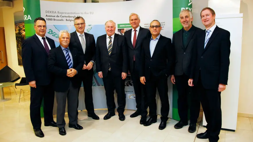 DEKRA Annual Reception for the presentation of the DEKRA Road Safety Report 2017 in Brussels: (from left to right): Oliver Deiters, Head of the DEKRA Group representative office in Brussels; Dr. Dieter-Lebrecht Koch, MEP; Stefan Kölbl, Chairman of the Management Board of DEKRA e.V. and DEKRA SE; Karl-Heinz Lambertz, President of the European Committee of the Regions; Clemens Klinke, Member of the Management Board of DEKRA SE; Ismail Ertug, MEP; Georges Bach, MEP; Eyke Peveling, Deputy Director of the Representation of Baden-Württemberg to Brussels. Picture: Alexander Louvet