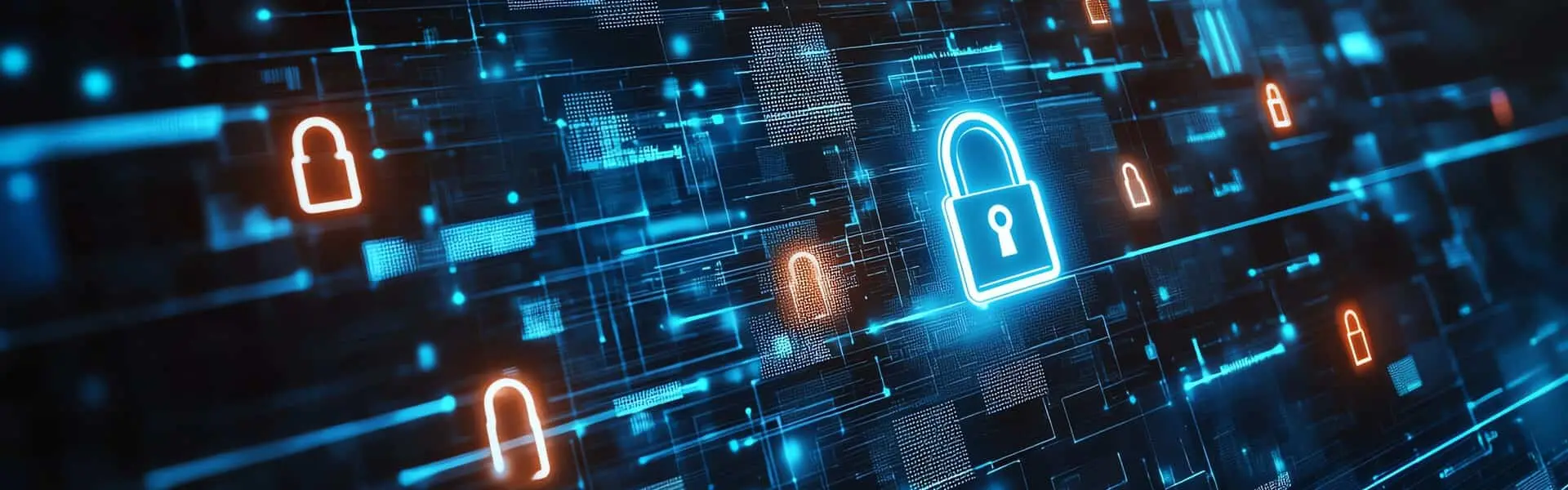 Cyfrowe tło ze świecącymi kłódkami, symbolizujące audyty bezpieczeństwa informatycznego