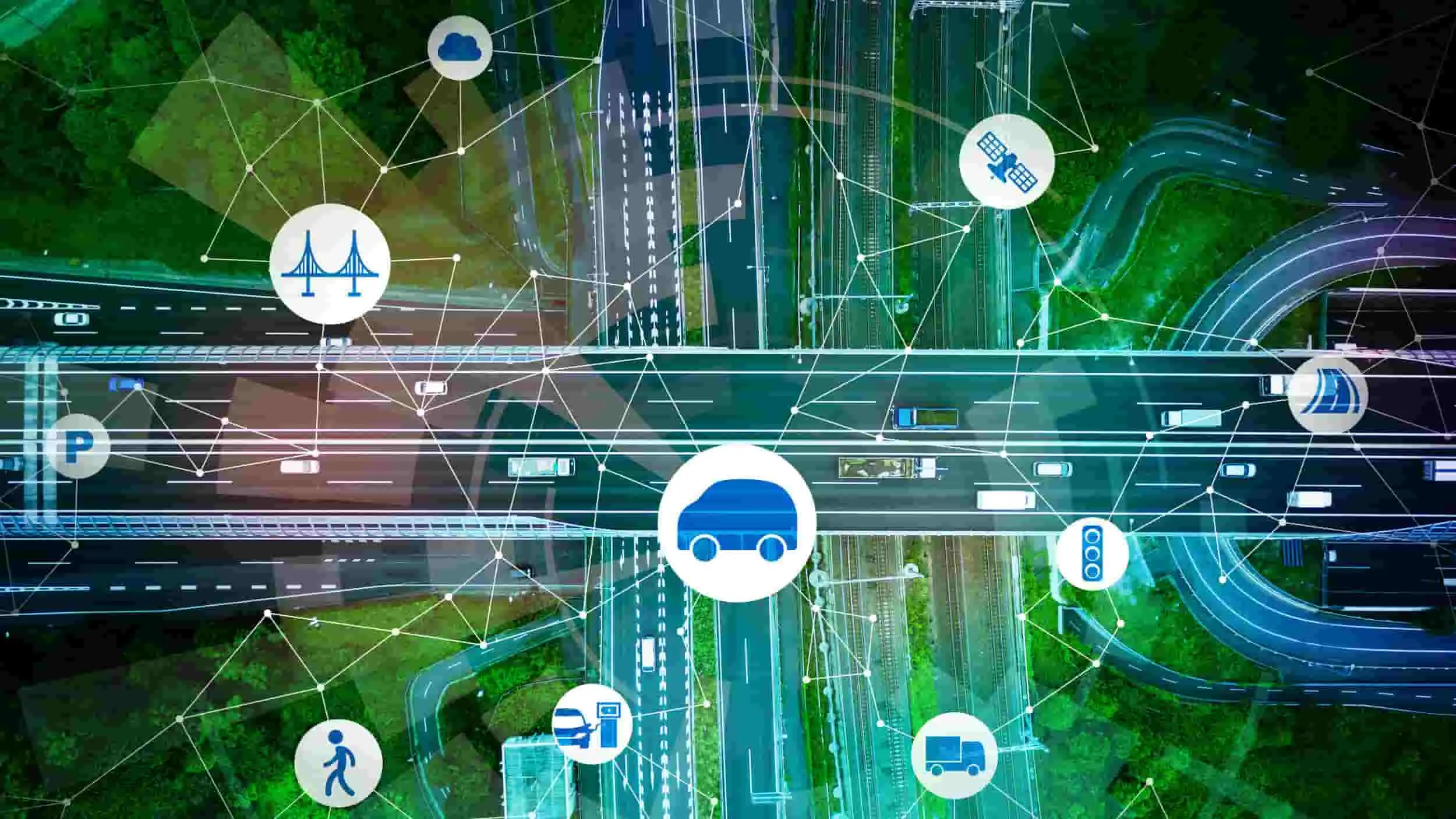 Schemat łączności drogowej z ikonami systemów komunikacji i pojazdów autonomicznych