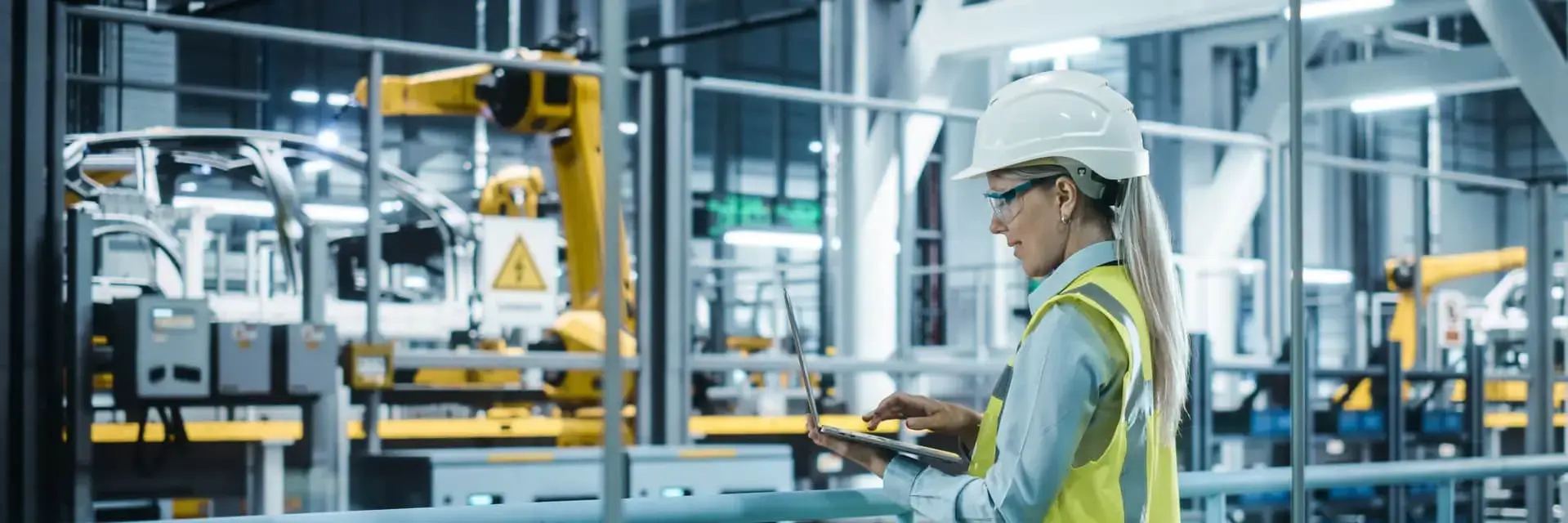 Kobieta inżynier w kasku, monitorująca linię produkcyjną w fabryce samochodów 