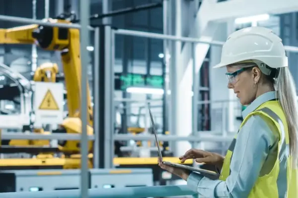 Kobieta inżynier w kasku, monitorująca linię produkcyjną w fabryce samochodów Kobieta inżynier w kasku, monitorująca linię produkcyjną w fabryce samochodów