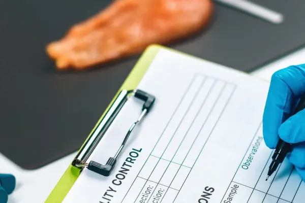 Inspektor w rękawiczkach wypełniający formularz kontroli jakości produktu spożywczego Inspektor w rękawiczkach wypełniający formularz kontroli jakości produktu spożywczego