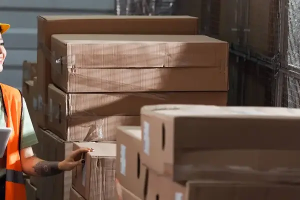 Pracownica magazynu w kamizelce i kasku kontrolująca etykiety przesyłek za pomocą tabletu – zgodność z wymaganiami IFS Logistics Pracownica magazynu w kamizelce i kasku kontrolująca etykiety przesyłek za pomocą tabletu – zgodność z wymaganiami IFS Logistics