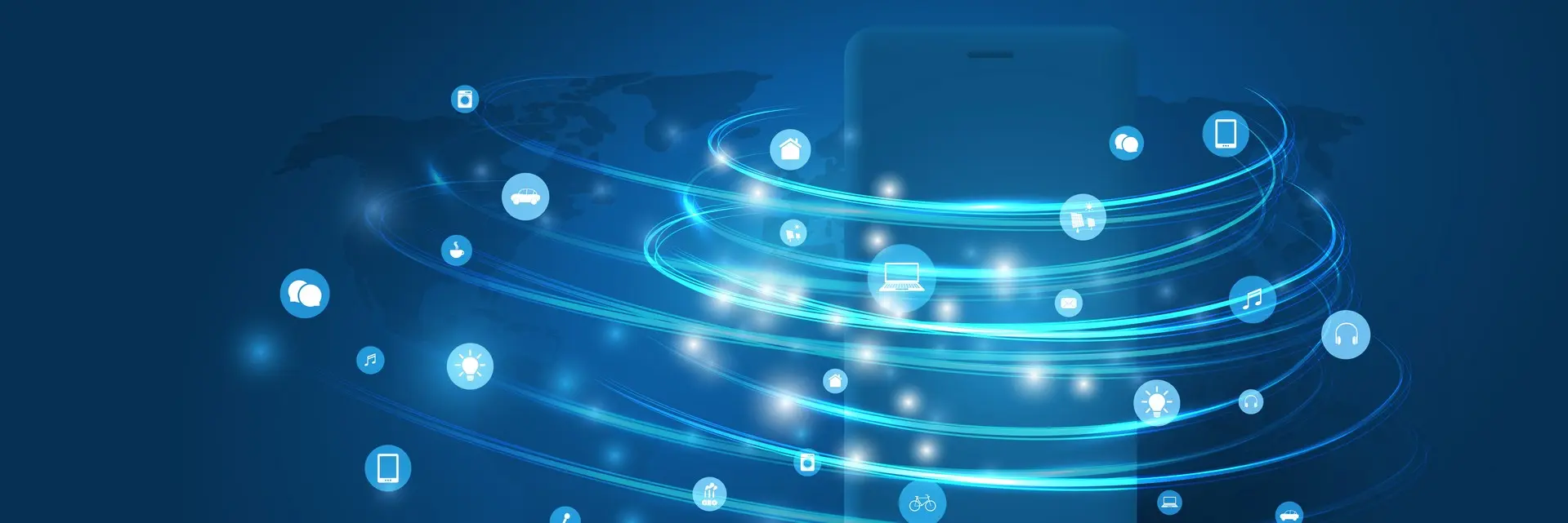 Telefon na tle mapy świata, otoczony siecią połączeń technologicznych, co symbolizuje certyfikację ISO 20000-1