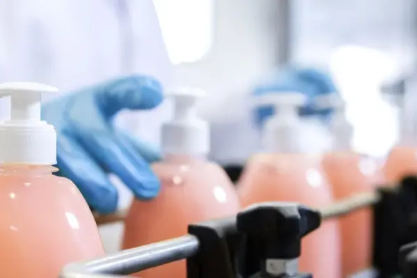 Pracownik, pracujący przy produkcji kosmetyków na linii produkcyjnej, symbolizuje certyfikację ISO 22716 Pracownik, pracujący przy produkcji kosmetyków na linii produkcyjnej, symbolizuje certyfikację ISO 22716