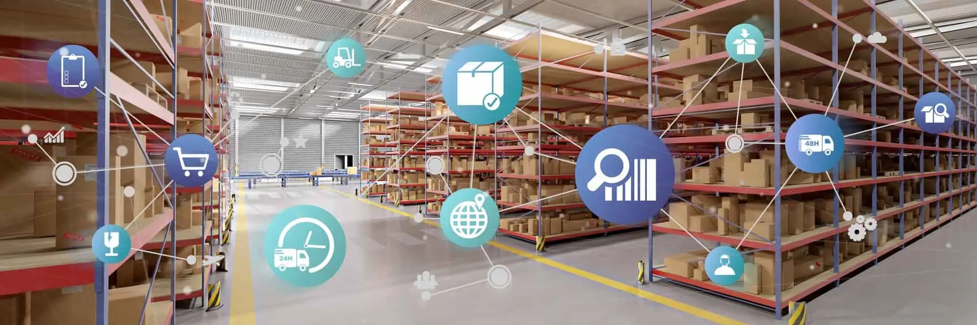 Ikony organizacji logistycznej na tle magazynu, symbolizujące certyfikację ISO 28000