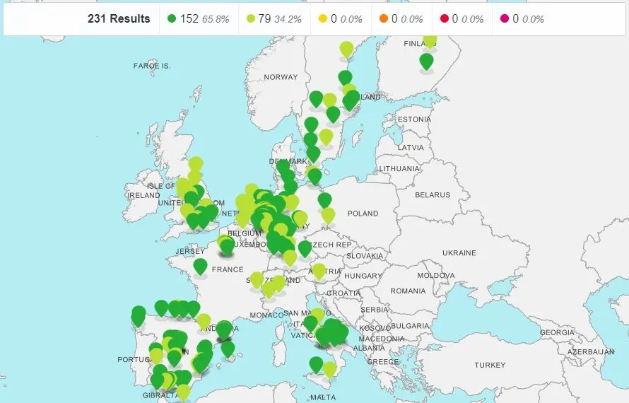 Mapa Europy z oznaczeniami lokalizacji weryfikacji systemów zarządzania jakością producentów złomu i stłuczki szklanej zgodnie z rozporządzeniami UE Mapa Europy z oznaczeniami lokalizacji weryfikacji systemów zarządzania jakością producentów złomu i stłuczki szklanej zgodnie z rozporządzeniami UE