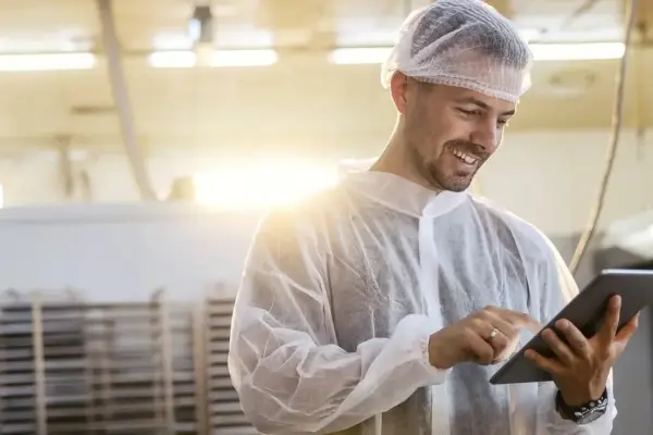 Pracownik zakładu spożywczego w odzieży ochronnej wykonujący kontrolę jakości na tablecie, zgodność z wymogami IFS Food. Pracownik zakładu spożywczego w odzieży ochronnej wykonujący kontrolę jakości na tablecie, zgodność z wymogami IFS Food.